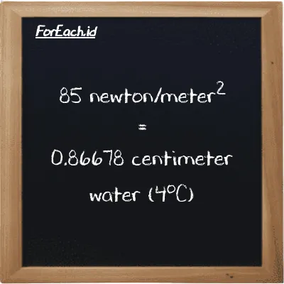 How to convert newton/meter<sup>2</sup> to centimeter water (4<sup>o</sup>C): 85 newton/meter<sup>2</sup> (N/m<sup>2</sup>) is equivalent to 85 times 0.010197 centimeter water (4<sup>o</sup>C) (cmH2O)